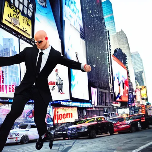 Image similar to a picture of agent 4 7 swinging in nyc times square, photorealistic