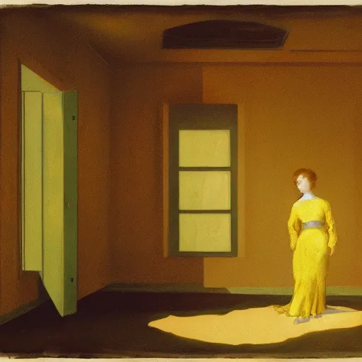 Image similar to a girl in a gold haunted liminal room, digital painting by goya, colors by pontormo, lights by hopper, extreme detail, liminal aesthetic, background art nouveau