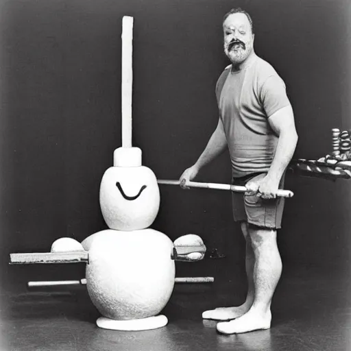 Prompt: “ burl ives snowman m, lifting weights with magnum pi in an insane asylum, designed by vernor panton ”