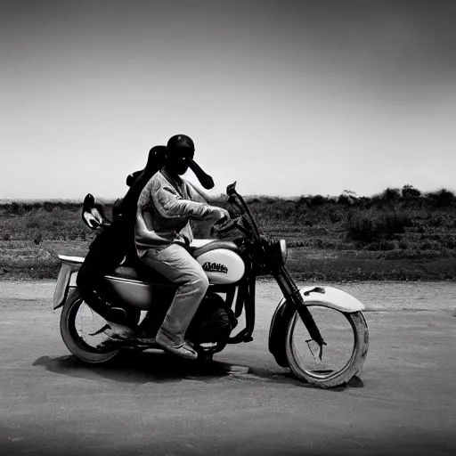 Image similar to picture of elephant riding a motorcycle, white and black, national geographic, award winning