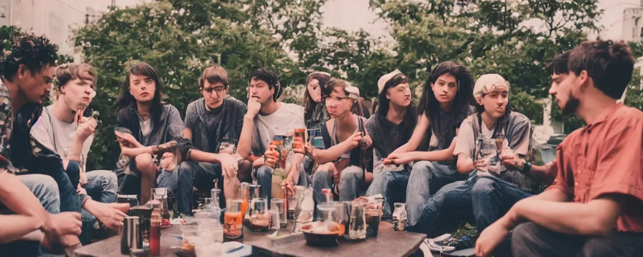 Image similar to a group of gen z friends sitting around talking about climate change while drinking old fashions, in the style of a lofi chillstep video