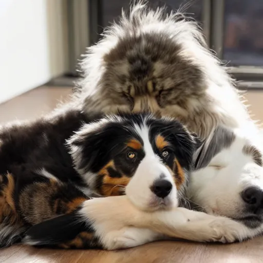 Image similar to australian shepherd cuddling with a maine coon