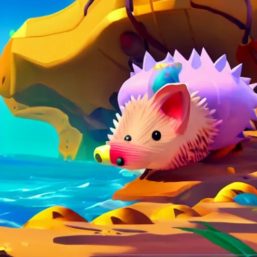 Prompt: hedgehog in a bikini in sea of thieves, hedgehog wearing a bikini, cute, colourful, happy, adorable, funny