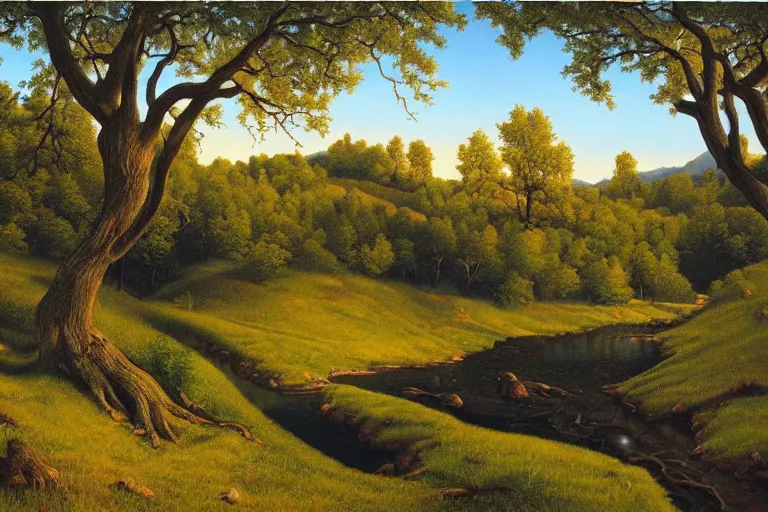 Prompt: masterpiece painting of oak trees on a hillside overlooking a creek, dramatic lighting, by alex gross