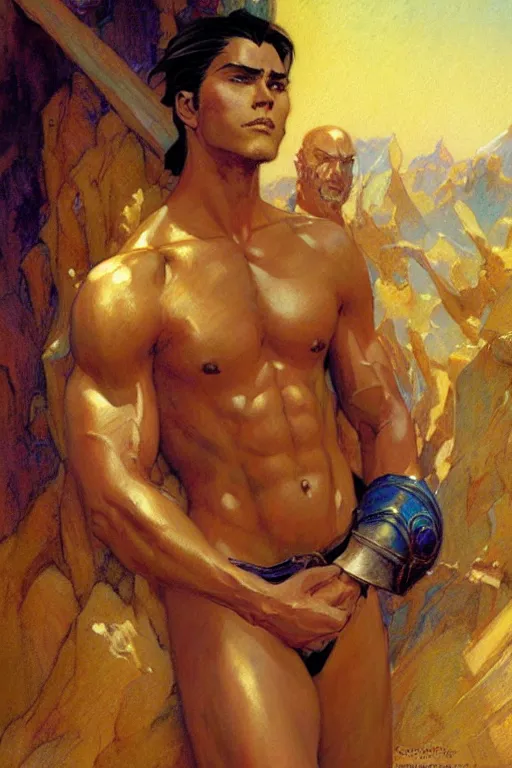 Image similar to tales of earthsea, attractive muscular male character design, painting by gaston bussiere, craig mullins, j. c. leyendecker, tom of finland