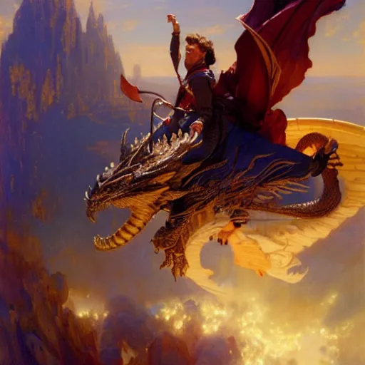 Image similar to stunning male master wizard flying with a dragon, highly detailed painting by gaston bussiere, craig mullins, j. c. leyendecker, 8 k