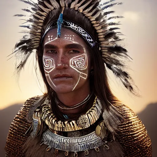 Prompt: head and shoulders portrait of a female knight, tribal armor, headdress, smudged face, detailed face, photography by jimmy nelson, by paul schutzer, golden hour, jungle