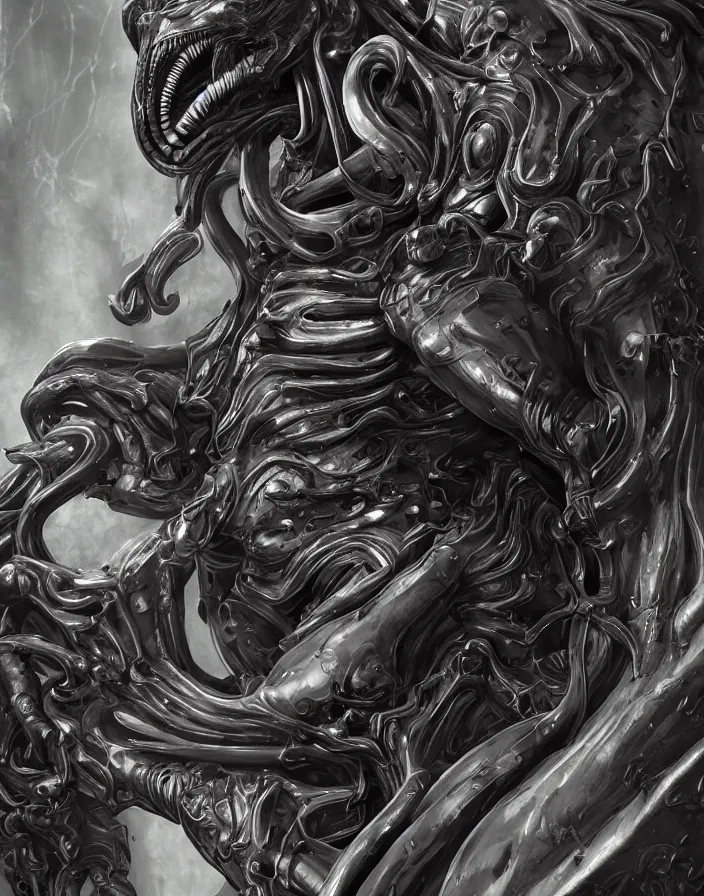 Image similar to engineer prometheus face by Artgerm, xenomorph alien, highly detailed, symmetrical long head, smooth marble surfaces, detailed ink illustration, raiden metal gear, cinematic smooth stone, deep aesthetic, concept art, post process, 4k, carved marble texture and silk cloth, latex skin, highly ornate intricate details, prometheus, evil, moody lighting, hr geiger, hayao miyazaki, indsutrial Steampunk