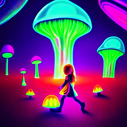 Image similar to Little girl wandering among many giant glowing mushrooms, Neon colors, psychedelic art, trippy, 4k, HQ, Trending on Artstation