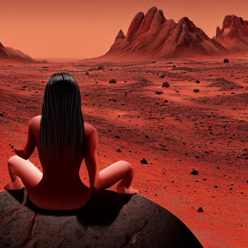 Prompt: Still of a Martian woman with gorgeous flowing hair on Mars, sitting on a Martian rock, reddish atmosphere with detailed highlights, dark gloomy sky cascading upon the atmosphere, well-detailed ornate Martian mountains in the background, trending on artstation, 4k, 8k