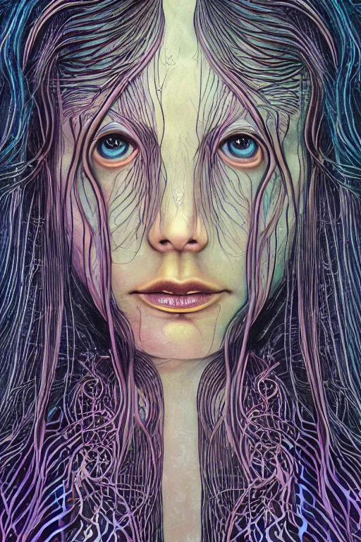 Image similar to dark underwater portrait of a Bioluminescent woman, with reaction diffusion semi-transparent skin. face closeup. long intricate dark hair, with jellyfish. very high detail, illustration, by alex grey