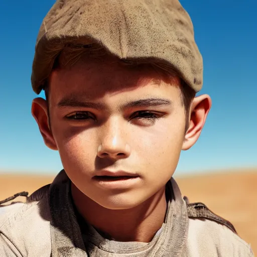 Image similar to a detailed portrait of a boy in the desert, art illustration, incredibly highly detailed and realistic, 8 k, sharp focus