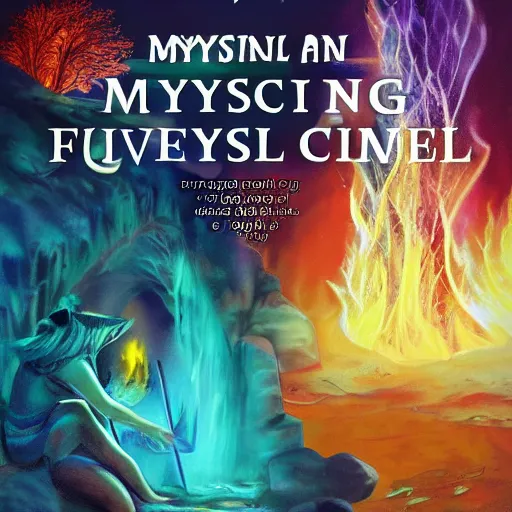 Image similar to book cover mystical cave, fire, crystals, water