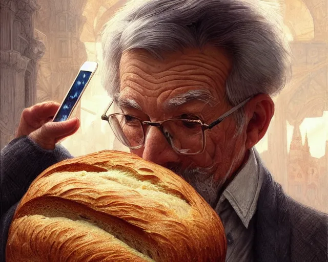 Prompt: an old man taking a selfie with a loaf of bread, deep focus, d & d, fantasy, intricate, elegant, highly detailed, digital painting, artstation, concept art, matte, sharp focus, illustration, hearthstone, art by artgerm and greg rutkowski and alphonse mucha