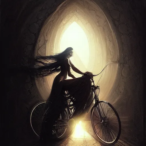 Image similar to portrait of woman riding a man like a bicycle, dark, piercing eyes, exotic expression, esoteric clothing, photorealistic, highly detailed, mysterious lighting, artstation, smooth, sharp focus, art by michael whelan, artgerm, greg rutkowski and luis royo