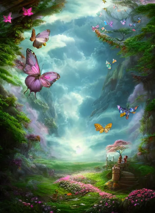 Prompt: a beautiful matte painting of a alice garden in the clouds, fairy tales, butterflies, a crystal ship, light effect, trending on artstation