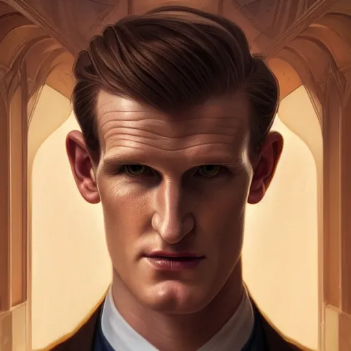 Image similar to symmetry portrait of matt smith, intricate, elegant, highly detailed, digital painting, artstation, concept art, smooth, sharp focus, illustration, art by artgerm and greg rutkowski and alphonse mucha