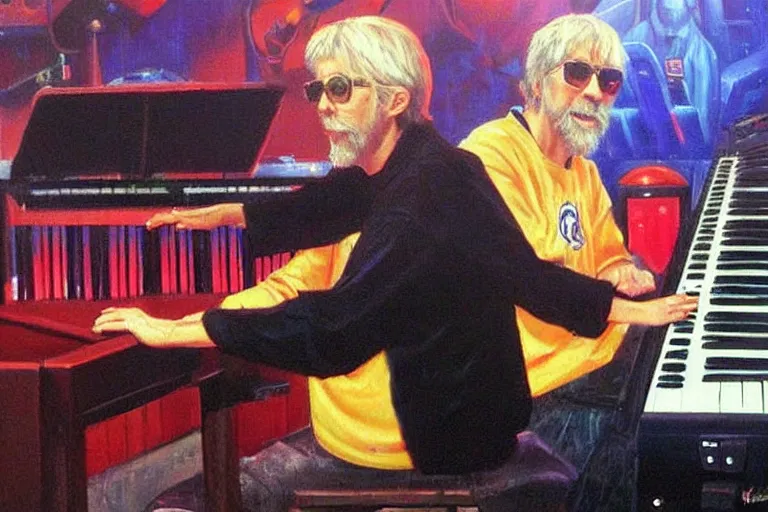 Image similar to portrait of michael mcdonald playing keyboard on stage at chuck e cheese, an oil painting by ross tran and thomas kincade