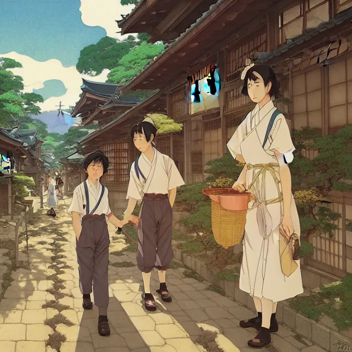 Image similar to japanese rural town, spring, in the style of studio ghibli, j. c. leyendecker, greg rutkowski, artem