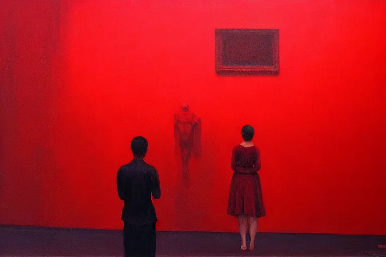 Image similar to only with red, crowd screaming, an exposed painting in a roman theater, in the style of beksinski, parts by edward hopper, parts by rodcenko, parts by yue minjun, intricate and epic composition, red by caravaggio, insanely quality, highly detailed, masterpiece, red light, artstation, 4 k