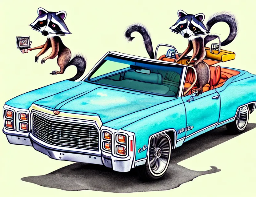 Prompt: cute and funny, racoon riding in a 1 9 6 9 chevy impala drop top with hydraulics, ratfink style by ed roth, centered award winning watercolor pen illustration, isometric illustration by chihiro iwasaki, edited by range murata, tiny details by artgerm and watercolor girl, symmetrically isometrically centered