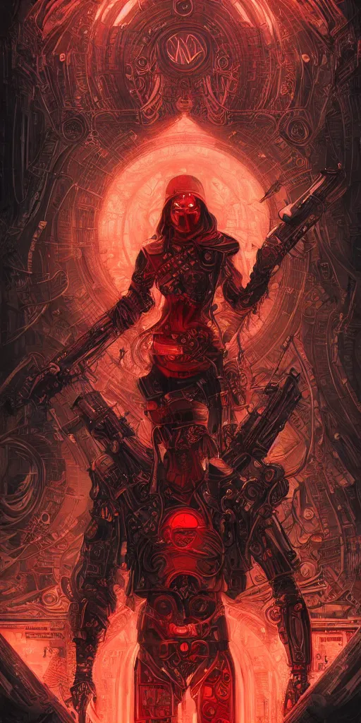 Image similar to cyberpunk warrior praying to the Core,red and black, detailed linework, cinematic, psychedelic, black paper, ornate, symmetrical, tarot card, highly detailed, ink illustration, style of peter mohrbacher, golden ratio, 8k,