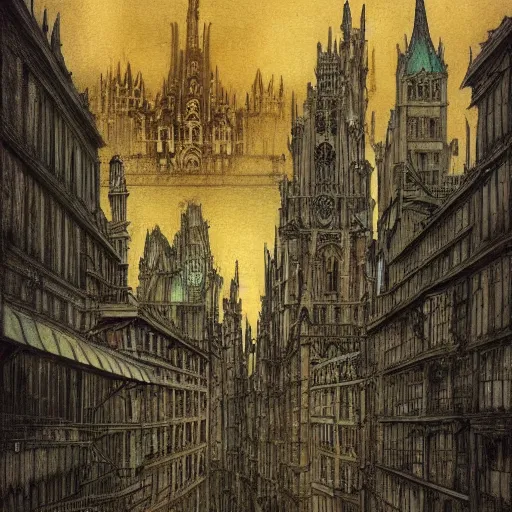 Prompt: A beautiful painting of a cityscape. The different colors and shapes represent different parts of the city. daguerreotype, bismuth by Chris Mars, by Arthur Rackham Trending on artstation, vfx