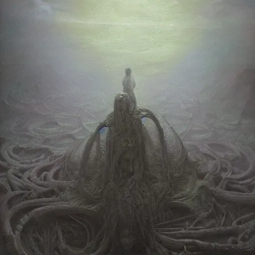 Image similar to the lonely abyss | highly detailed oil painting, hyperrealistic, very intrincate | cinematic lighting, award - winning | by rachel ruysch, giger, beksinski and bocklin | by austin osman spare and william blake, trending on artstation, cgsociety, official art, octane.