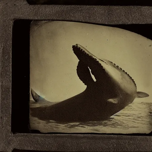 Prompt: underwater tintype photo of whale eating a mermaid