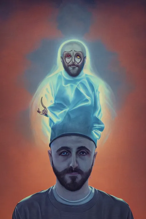 Prompt: The last portrait of Mac Miller, Heavenly, Hellish, Divinity, Hope, Ethereal, Symmetry, God and the Devil on my shoulders, Atmospheric Lighting, artstation trending, good versus evil, ladders, angelic, the divine feminine, drama masks, Pittsburg, Blue Slide Park, Most Dope, environment concept, Rendered in Octane, trending on artstation, cgsociety, moody lighting rendered by octane engine, environment 8K artstation, cinematic lighting, intricate details, 4k detail post processing, hyperealistic, octane render, photo realism