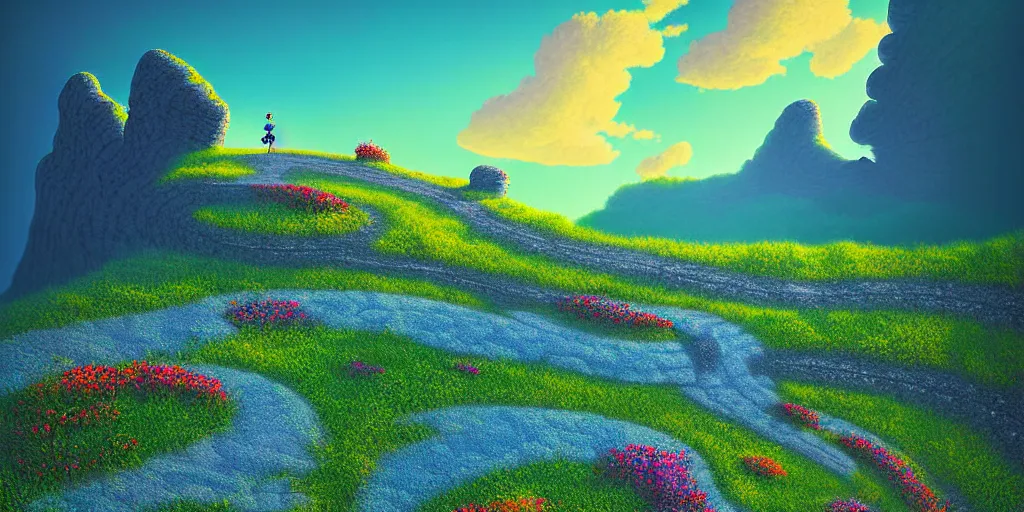 Prompt: curled perspective digital art of curly clouds cobblestone street with wildflowers reaching a stone cliff down to a deep blue sea by anton fadeev