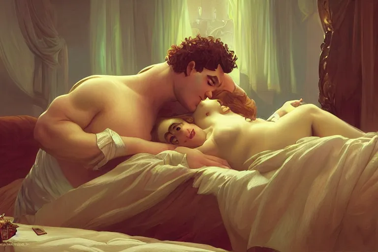 Image similar to russian poet alexander pushkin and shrek lying in bed together, portrait, highly detailed, digital painting, artstation, concept art, smooth, sharp focus, illustration, cinematic lighting, art by artgerm and greg rutkowski and alphonse mucha