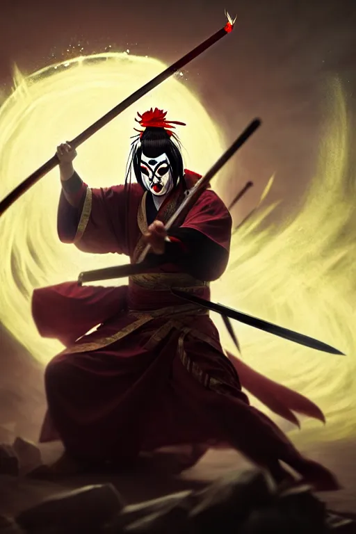 Prompt: portrait of a mad kabuki warrior wielding a spear doing a mie and emitting a visible aura of madness, crossed eyes, hazy, greg rutkowski style, high quality, 8 k,