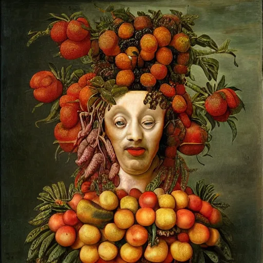 Image similar to Medusa as a fruit painting, by Giuseppe Arcimboldo