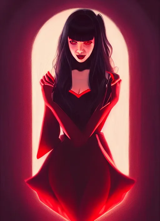 Image similar to portrait of vampire veronica lodge with bangs, vampire fangs, vampire, long hair, red clothes, bangs, vampironica, intricate, elegant, glowing lights, highly detailed, digital painting, artstation, concept art, smooth, sharp focus, illustration, art by wlop, mars ravelo and greg rutkowski