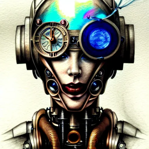 Image similar to hyper realistic pencil drawing of a steampunk robot , water color, full portrait, detailed, rim light, diffused, intricate, cyberpunk by anna dittmann,