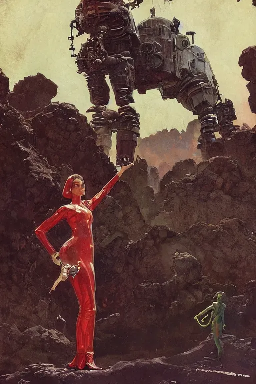 Image similar to pulp scifi fantasy illustration full body portrait of elegant woman wearing latex spacesuit standing beside huge martian, by norman rockwell, jack kirby, bergey, craig mullins, ruan jia, jeremy mann, tom lovell, 5 0 s, astounding stories, fantasy