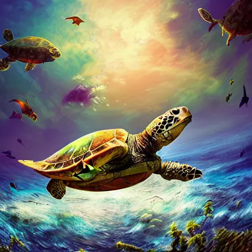 Image similar to zombified sea turtle, beautiful composition, wide angle, colorful, cinematic, volumetric lighting, intricate details painting