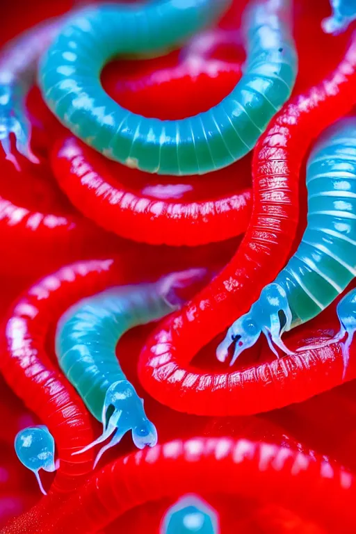 Image similar to high quality close-up photo translucent gelatinous worms! gorgeous red dots highly detailed hannah yata elson peter cinematic turquoise lighting high quality low angle hd 8k sharp shallow depth of field