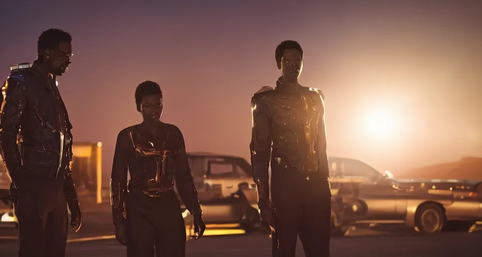 Image similar to first image afrofuturistic sci - fi movie starring chris rock, sundance official selection. shot on the las vegas strip with alexa mini, stunning cinematography, golden hour, filmgrain.