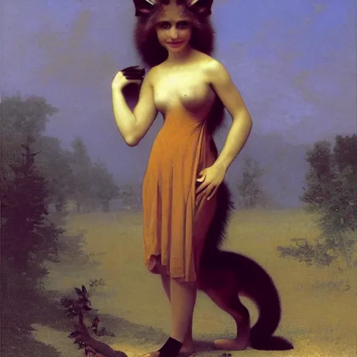 Image similar to An anthropomorphic fox wearing a dress, beautiful golden sunlight, backlit fur, by Robert Cleminson and William-Adolphe Bouguereau