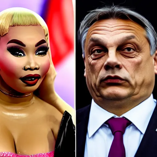 Image similar to viktor orban happy to pose for a photo with nicki minaj, highly detailed, hyper realistic