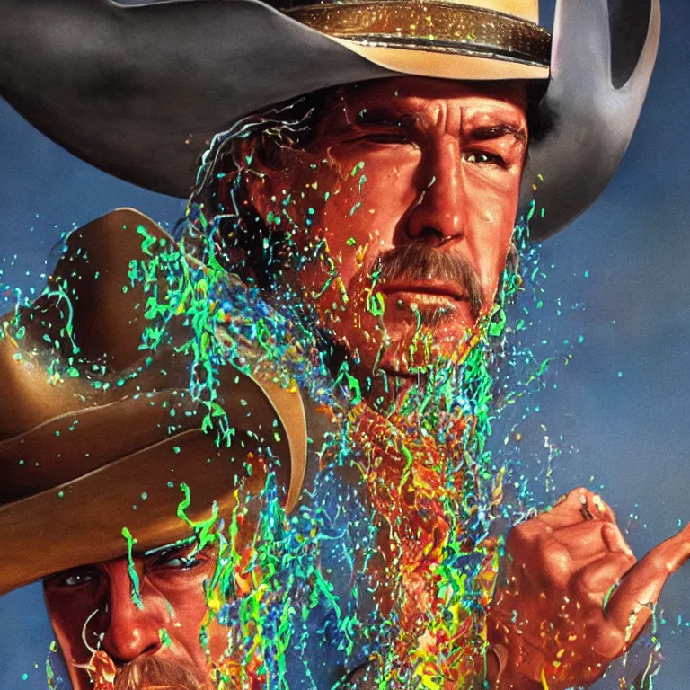 Prompt: 1 9 7 0's spaghetti western film octane render portrait by wayne barlow and carlo crivelli and glenn fabry, a person wearing a shiny colorful iridescent latex suit and cowboy hat covered in colorful slime, standing in a scenic western landscape, cinema 4 d, ray traced lighting, very short depth of field, bokeh