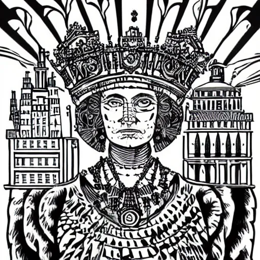 Prompt: mcbess and rutkowski portrait of the queen of an ancient civilisation. its people were said to be wise and just, and their city was a beautiful place full of wonderful buildings and treasures.