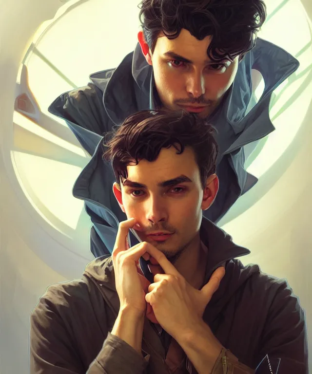 Image similar to Hacker man hacks computer, highly detailed, digital painting, artstation, concept art, smooth, sharp focus, illustration, art by artgerm and greg rutkowski and alphonse mucha