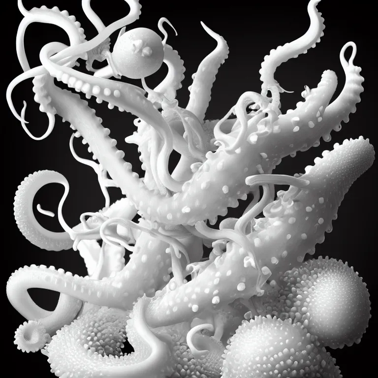 Image similar to still life of white flowers on a table, white alien squid, white octopus, , surreal alien ribbed white fruit, white human spine, baroque painting, beautiful detailed intricate insanely detailed octane render trending on Artstation, 8K artistic photography, photorealistic, chiaroscuro, Raphael, Caravaggio beautiful BW monochrome