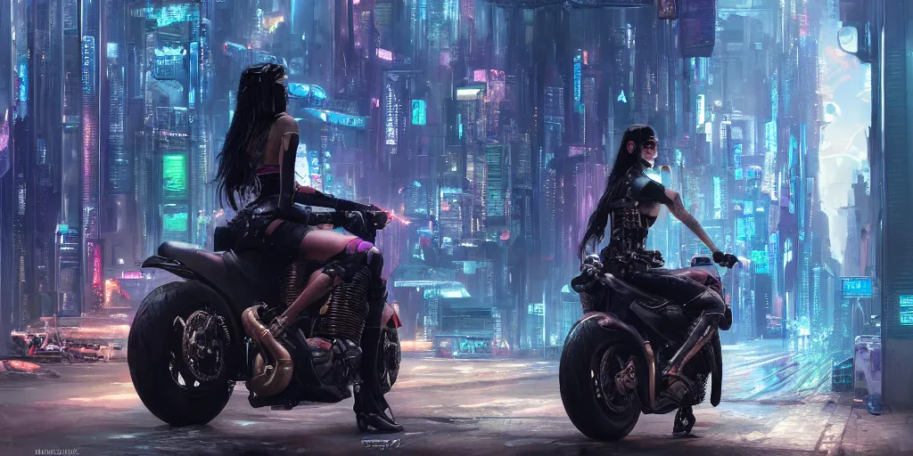 Image similar to portrait of a young beautiful cyberpunk woman on a motorbike driving away down the a street of a cyberpunk city neuromancer, megacity, gorgeous view, depth, high detail, digital art, painted by greg rutkowski & seb mckinnon, trending on artstation