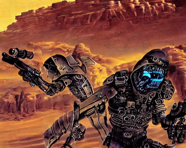 Image similar to cybernetic evil warzone bladed weapons razor projectiles humanoids goin stupid, desert scene