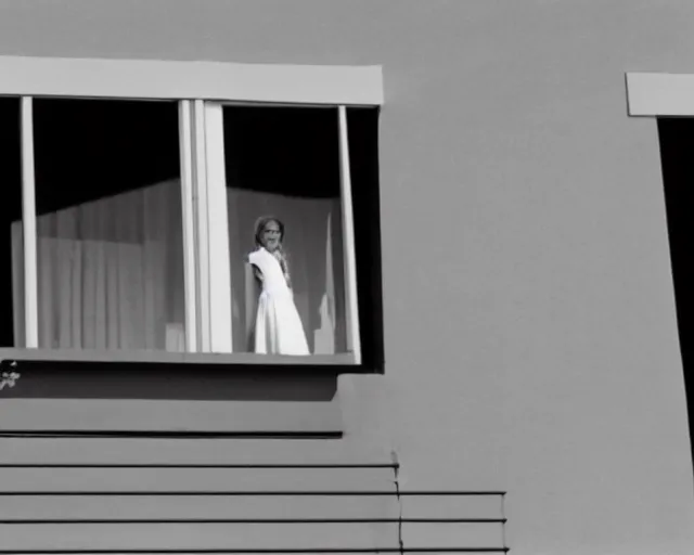 Prompt: a still of a young woman looking out from a huge white balcony of a minimalist house, outside view, low angle, clear sky, minimalist composition, in the music video Wrapped Around your Finger (1983)