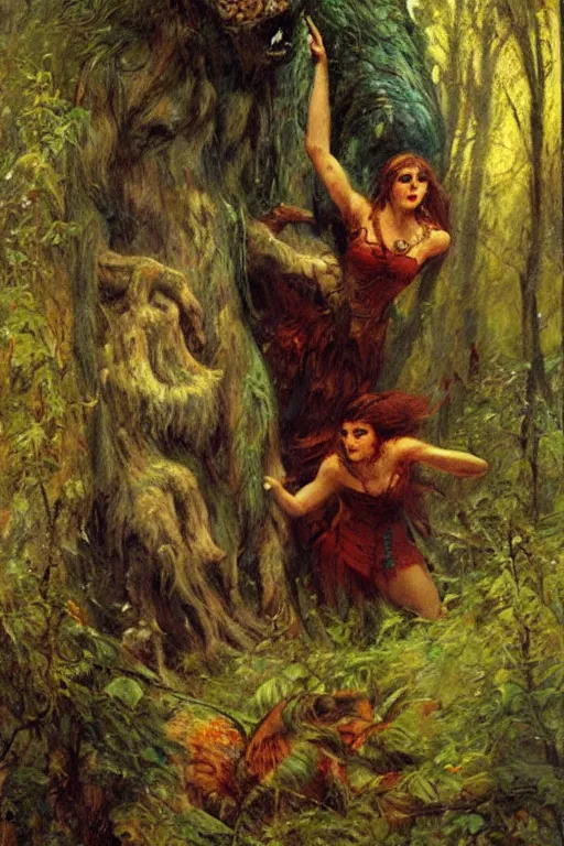 Prompt: the woods are full of monster comic cover. art by gaston bussiere.